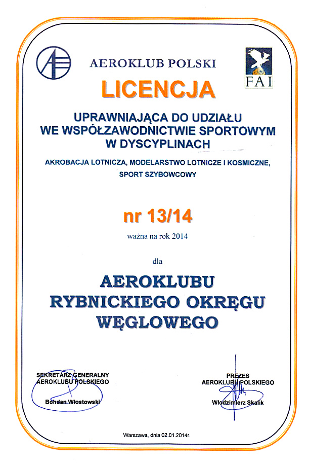 Licencja sportowa Aeroklub ROW